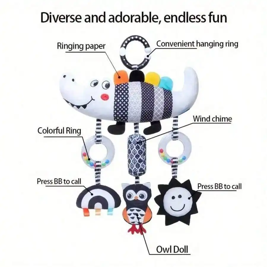 ของเล่นแขวนรถเข็นเด็กและเบาะนั่งในรถยนต์, ของเล่นสัตว์สีดำและสีขาวที่มีความคมชัดสูง, ของเล่นเสริมพัฒนาการสำหรับเด็กแรกเกิด