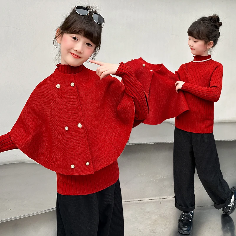 

New Kids Designer Autumn Knitted Clothing Cloak Sweater Matching Sets For Girls 2pcs Knitwear Outfit Child High Fashion Clothes