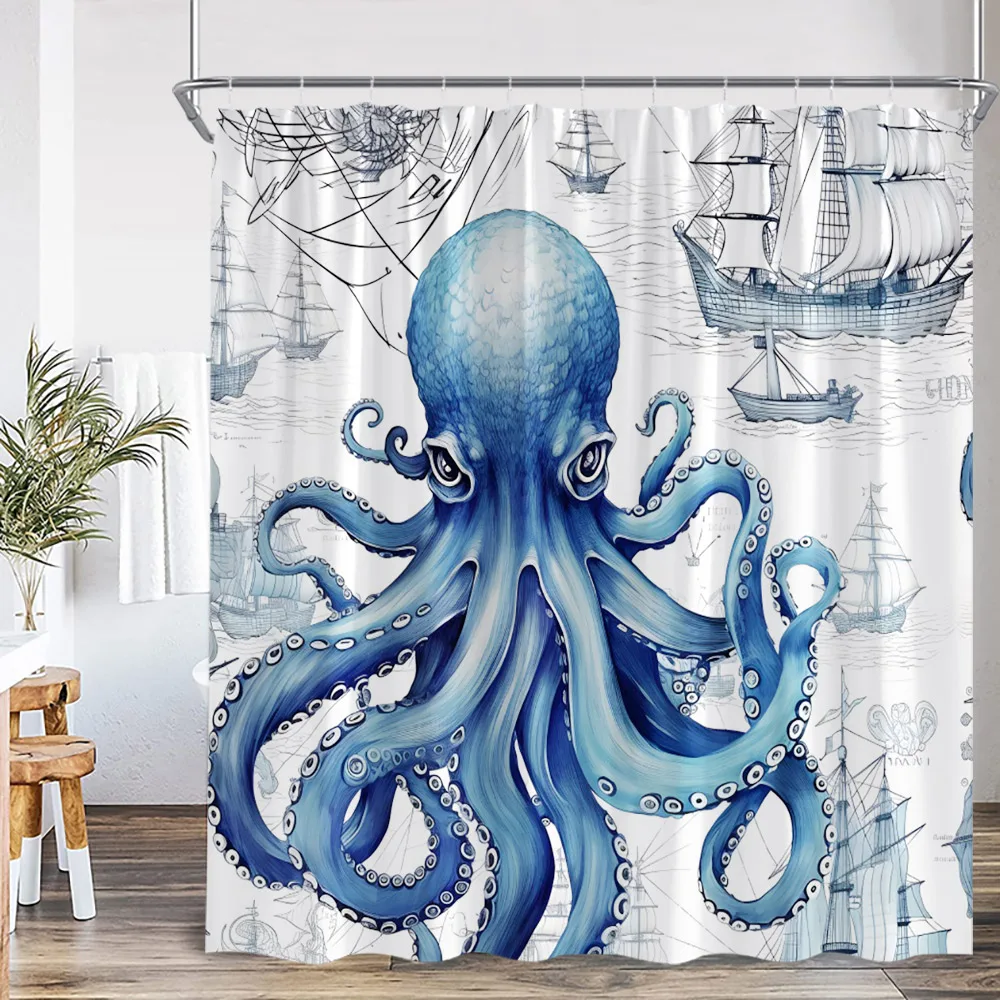 Ocean Animals Shower Curtain Sea Turtle Octopus Jellyfish Undersea View Bathroom Decorations Summer Kids Bath Curtain with Hooks