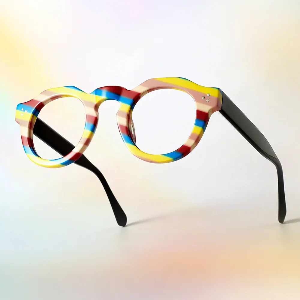 

FYTOO Acetate Eyeglass Frames Colorful Striped Retro Round Optical Frames for Daily & Casual Fashion G2413C