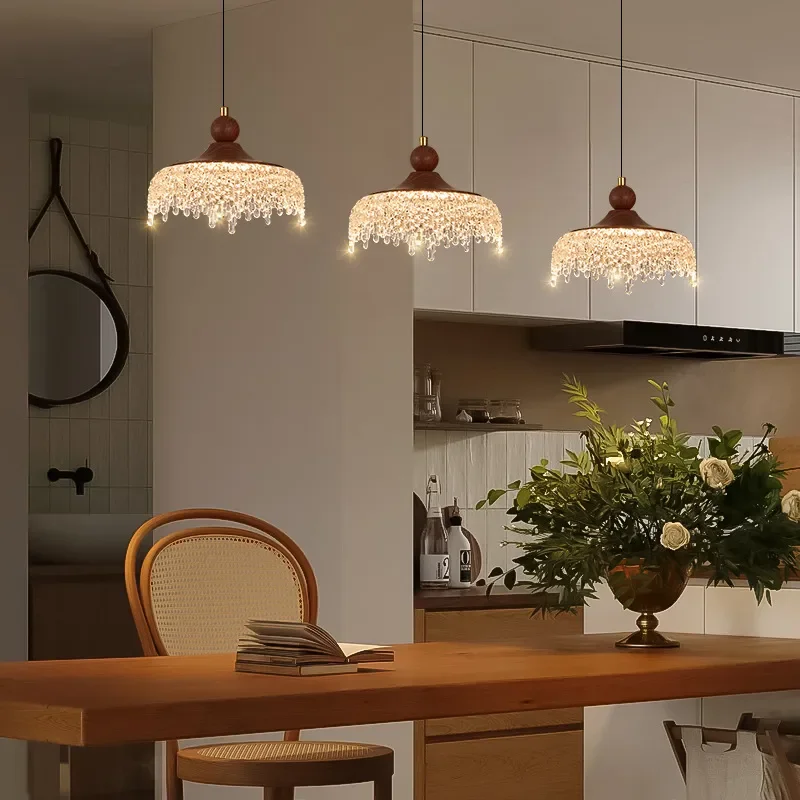 Retro Walnut Chandelier French Iceberg Drop Pendant Light Adjustable Height for Restaurant Aisle Bedside Antique Decor