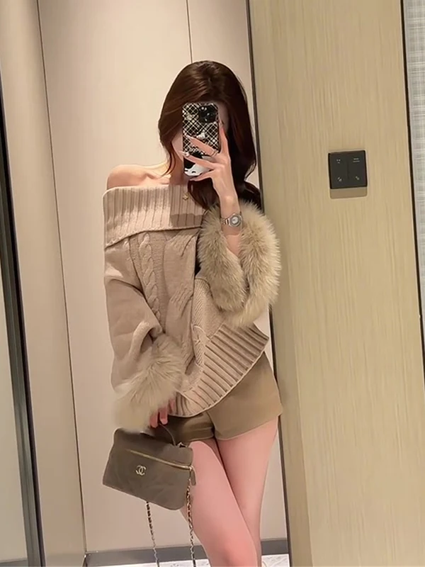 Shoulder Bared Long Sleeve Cloak Sweater Women Loose Style Autumn Fashion Slimming High End Feeling Spicy Girl Rich Girl Wind