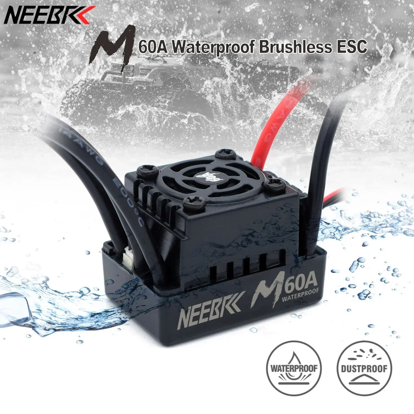 NEEBRC M Series 60A Waterproof ESC T XT60 Plug 2-3S Electronic Speed Controller for 1/10 1/12 1/14 RC Car 3650 Brushless Motor