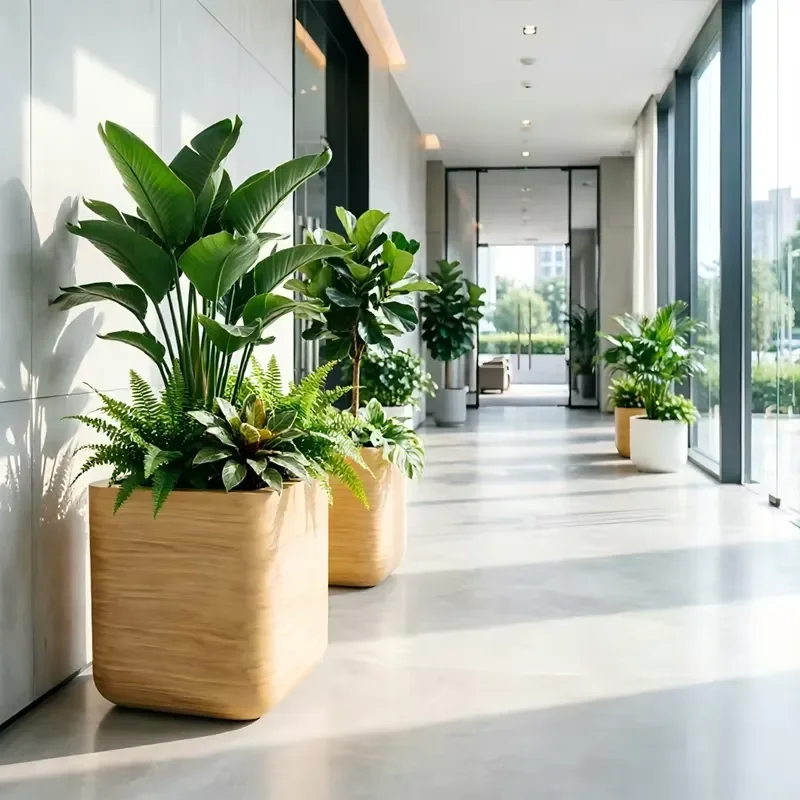 for Fiberglass Planter Wood Grain Finish Large Square Flower Pot Modern Decorative Planter for Hotel Lobby Office Entrance