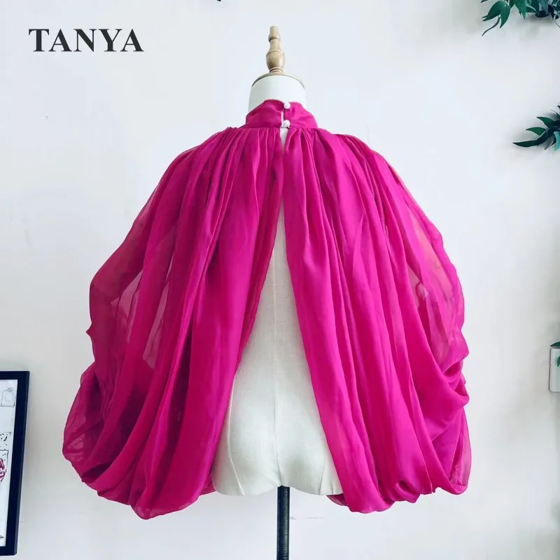 Hot Pink Silk Chiffon Wedding Cloak Puffy Sleeves Jacket Bridal Accessories Short Bolero Shawl Free Size High Neck With Buttons