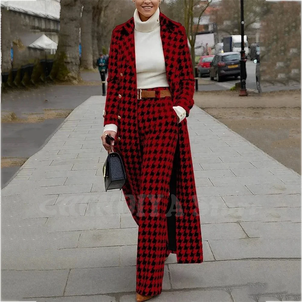 Luksusowy damski garnitur w pepitkę, klasyczny, dopasowany, z klapami w szpic, dwurzędowy, nowoczesny, szyty na miarę, modny zestaw: marynarka i spodnie.