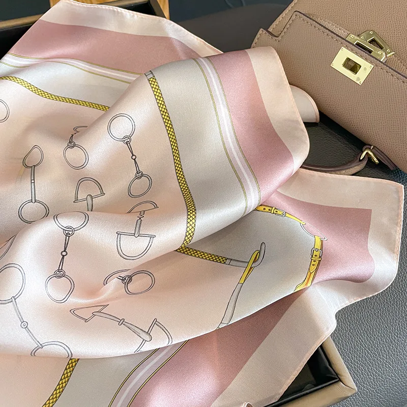 2024 Luxury Silk Skinny Scarf Bag Handle Ribbon Ladies Pink Print Headband Small Hair Scarves Band Female Handkerchief