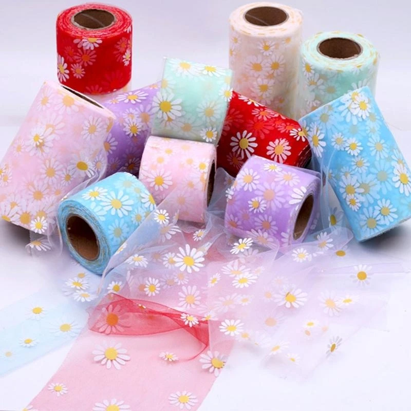 

R1WE, 25 ярдов/рулон, 6 см, рулон тюлевой ленты с ромашковым узором, принадлежности для вечеринок, волосы «сделай сам»