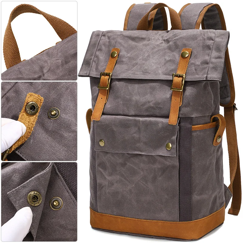 Waterproof Waxed Canvas Leather Mens Camping Backpack Travel Roll Top Rucksack 16 inch Laptop Bag Vintage Students School Bags