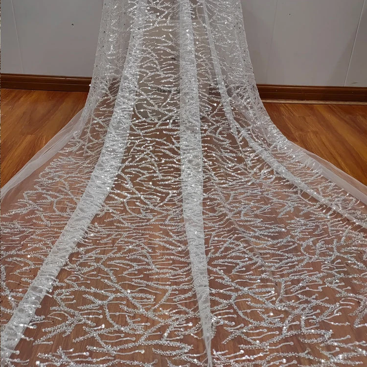 Classic Silver Beaded Sequins Branch Lace Mesh Wedding Dress Women\'s Veil Dress DIY Lace Fabric