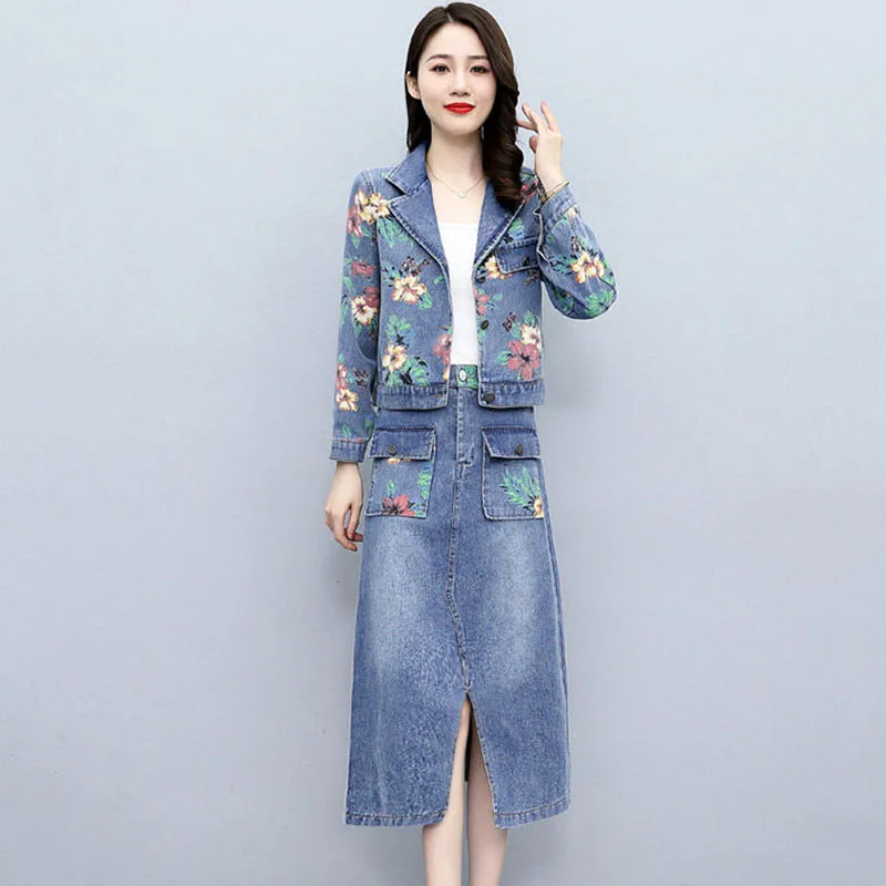 Fashion Denim Long-sleeved Suit Skirt Women's Spring New Korean Version Of the Slim Print Mid-length Skirt Casual Two-piece Tide