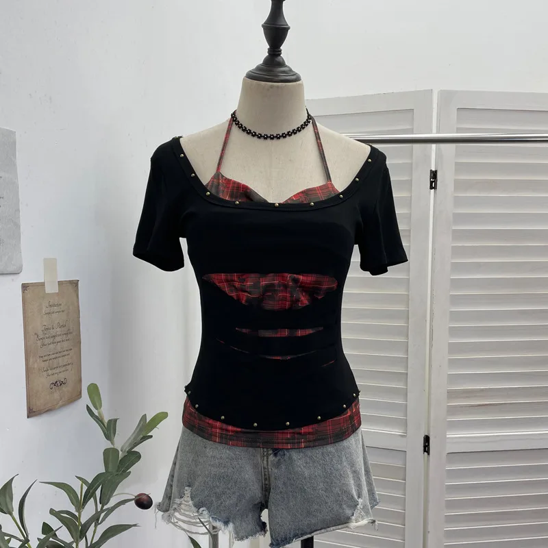 Woman Clothing Vintage Edgy Spicy Girl Fake Two Piece Color Block Cut Out Built In Pads Lace Up Halter Studded Crop Top  28191
