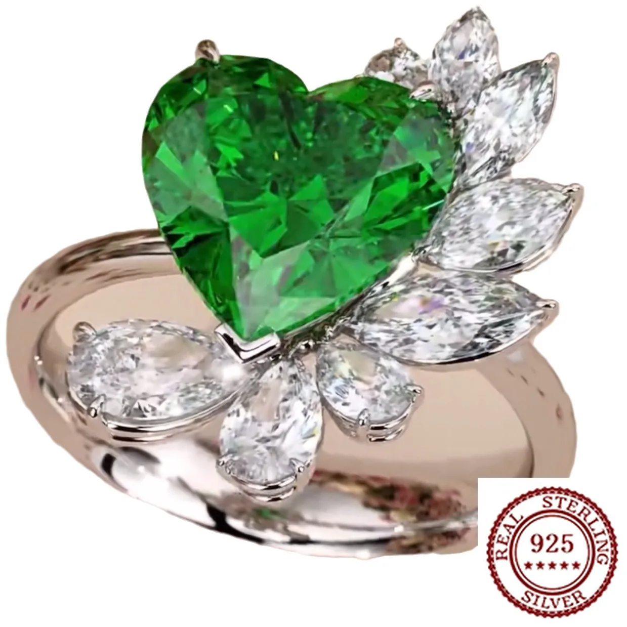 

2025 New Trendy 925 Sterling Silver Classic Temperament Atmospheric Fashion Classic Women's Green Heart Zircon Ring