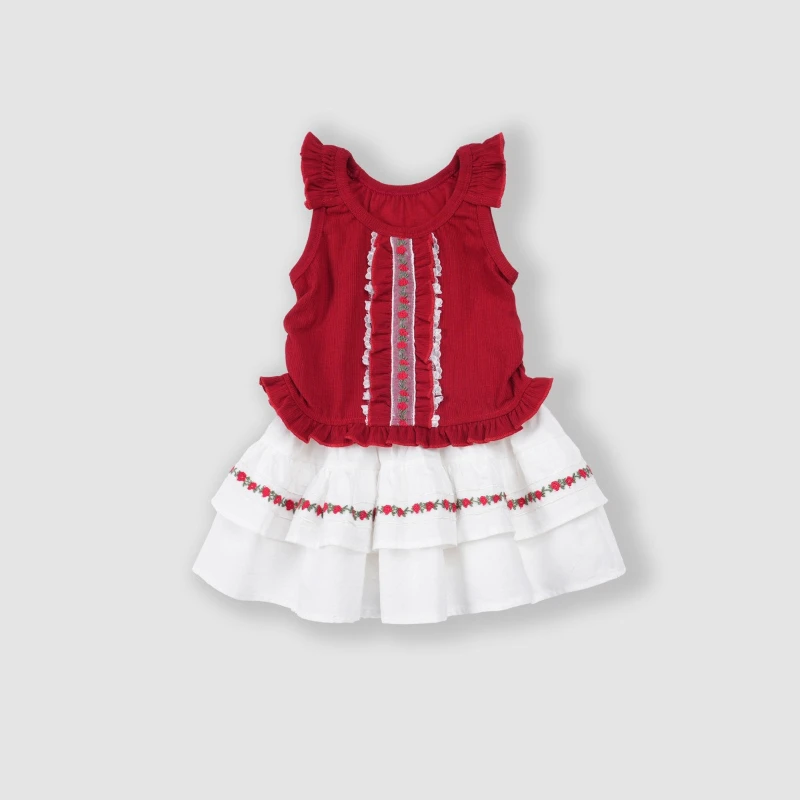 

2026 Summer New Children's Ethnic Style Red Flower Mushroom Edge Sleeveless Top and Short Skirt Set