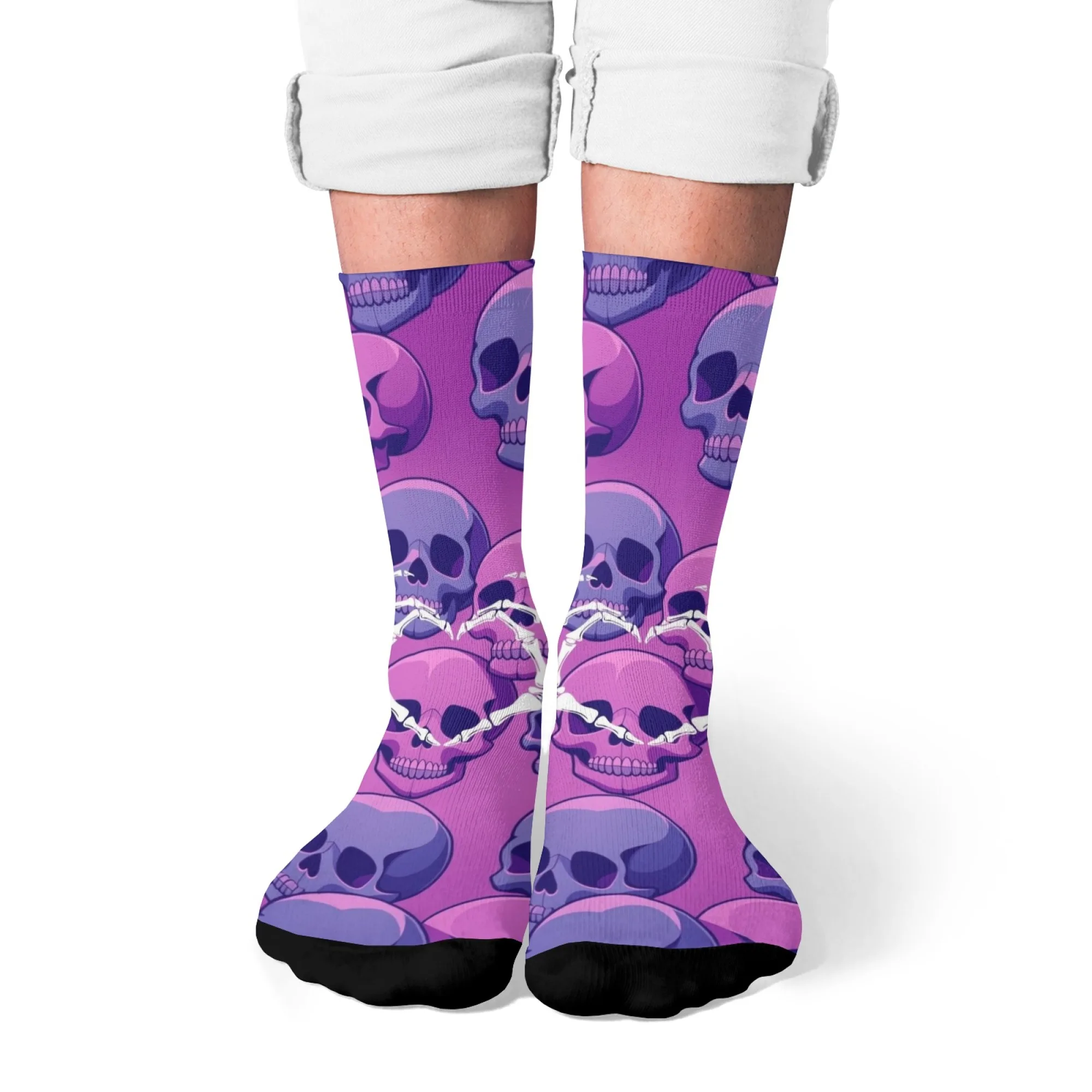 Dark Purple Tone Dark Skull Trendy Men Crew Socks Gradient Skeleton Pattern Socks for Alternative Fashion & Casual Street Wear