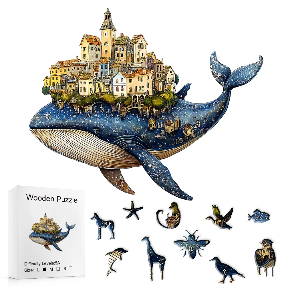 Artisan Whale Castle Wooden Puzzle – Handcrafted Animal Village, Intermediate Challenge & Marine Wall Art – Portable Family Game
