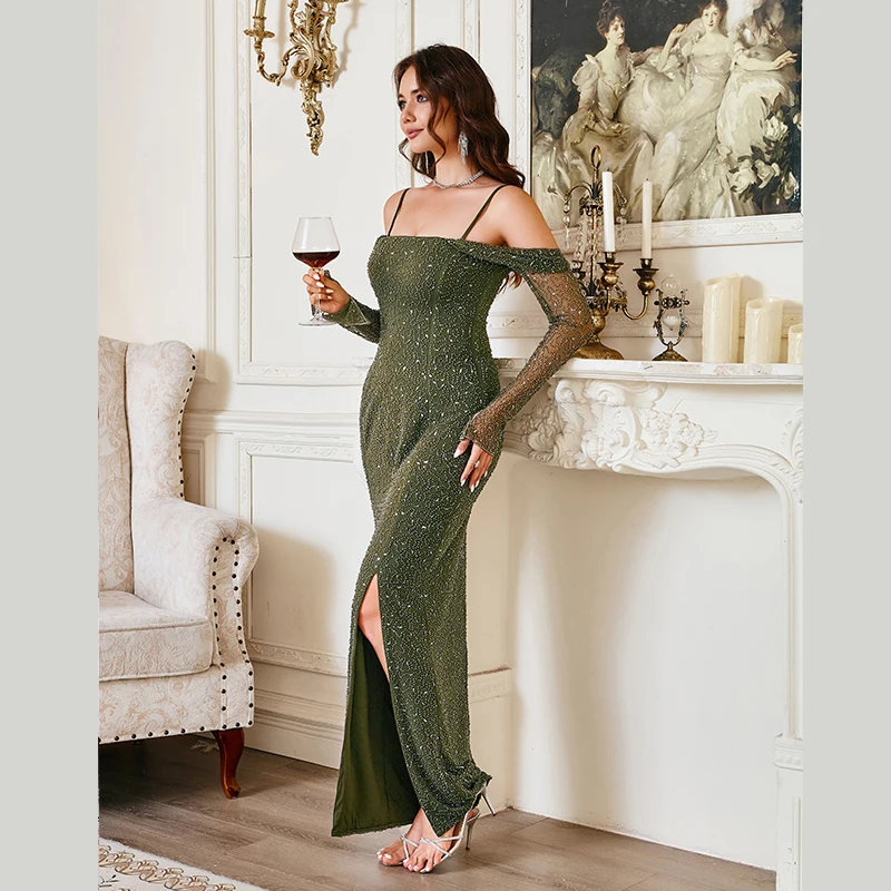 エレガントな女性らしいロマンチックでセクシーなスリムフィットのボディコンワンピース、グリーンのブライダルマキシロングスリーブウェディングドレス、スパンコールのイブニングプロムドレス、パーティー用