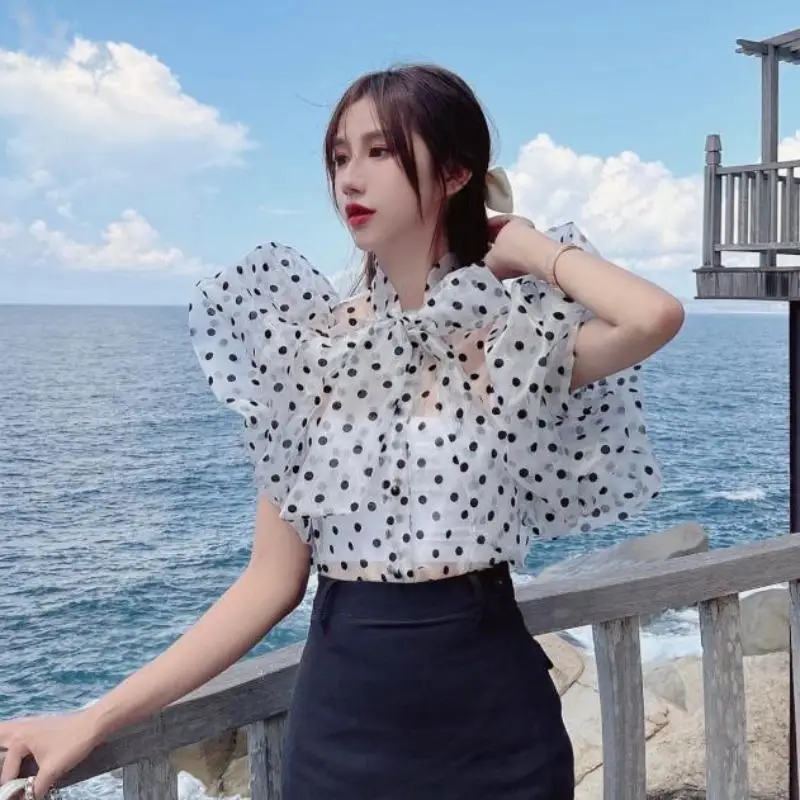 Ruffle Puff Sleeve Polka Dot Shirt Women Vintage Blusa Bow Lace Up Lantern Transparent New Blouse Top 2024 Blouses Elegant Tops