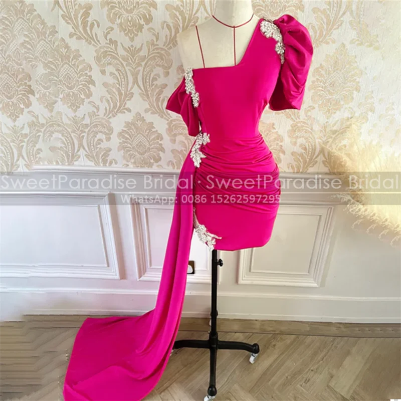 

Customized Short Prom Dresses One Shoulder Appliques Beaded Sheath Waistline Cap Evening Dress Party