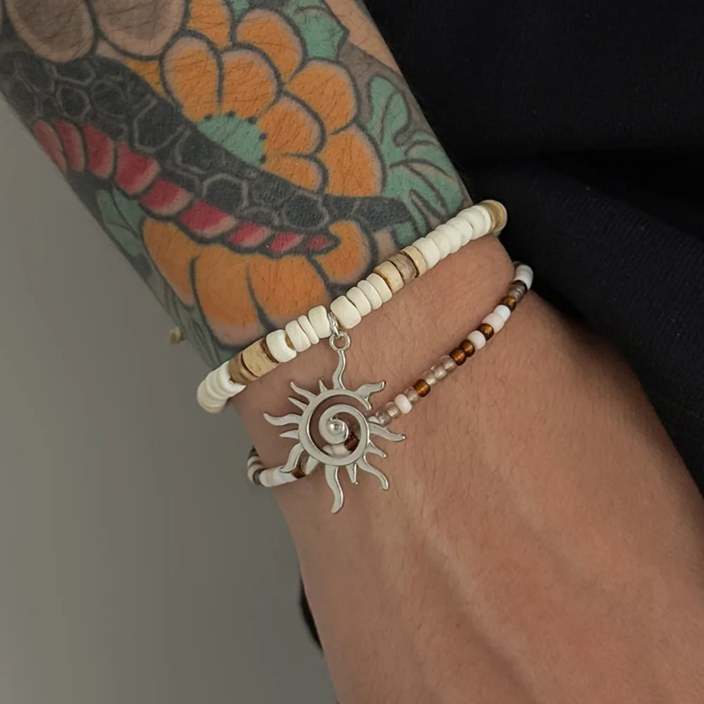 SHIXIN 2 Pcs/set Bohemian Rice Bead Chain Bracelet Men Vintage Geometry Adjustable Sun Flowe Pendant Bangle Summer Beach Jewelry