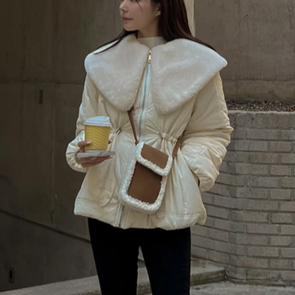 Dames katoenen Jaet bovenkleding Koreaanse Sle Chic herfst winter losse casual anti-aging grote kraag bont top