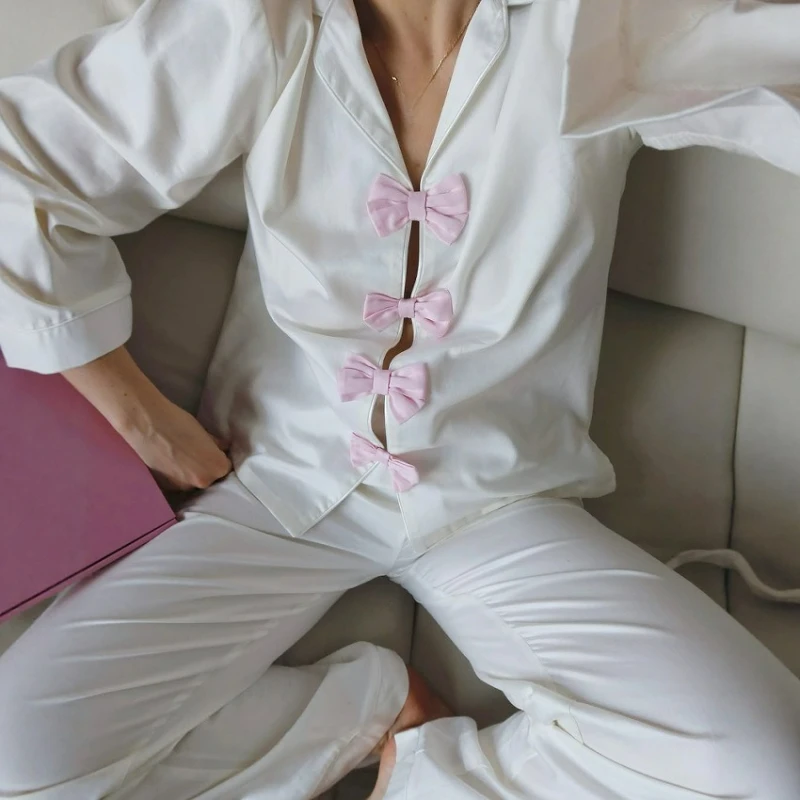 European and American Style Summer New Bow Lapel Solid Color Long-sleeved Trousers Two-piece Set Women's Pajamas Breathable
