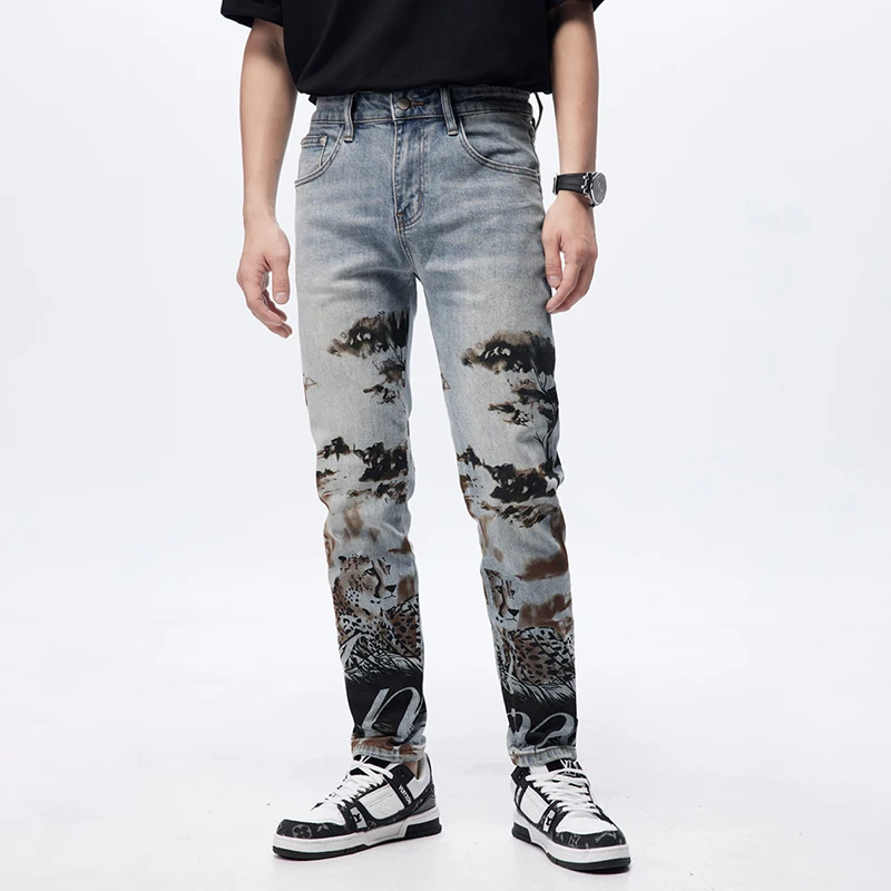 Fashion Jeans Men's Personality Cheetah Print Design High-End Men's Stretch Slim Trend Casual Ankle Banded Pants