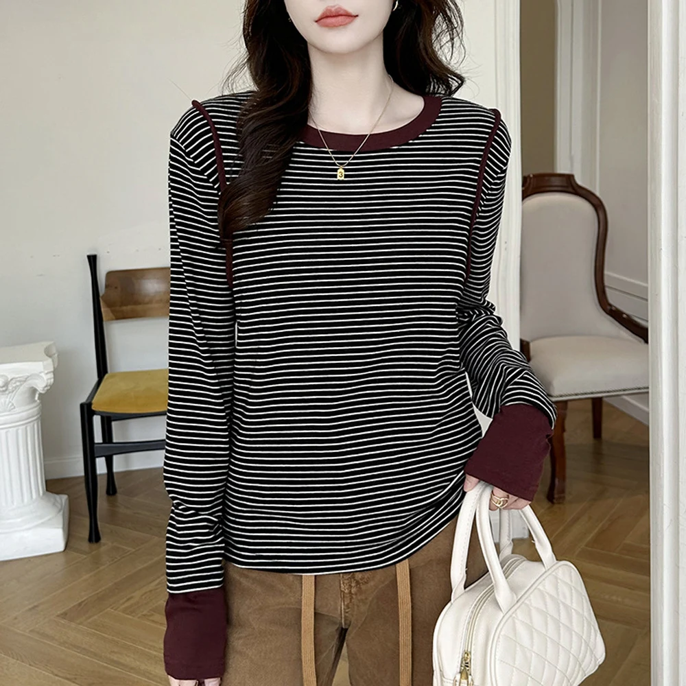 

Черная полосатая футболка с длинными рукавами для женщин весной и осенью, новая высококачественная мода, свободный повседневный топ больших размеров с круглым вырезом