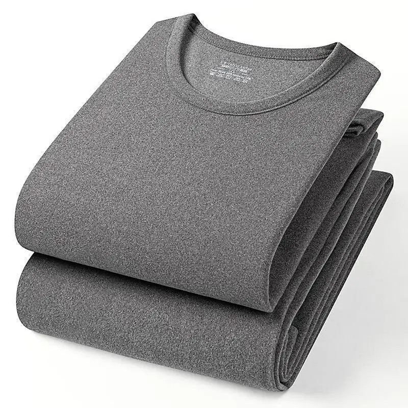 Men's Winter Warm Underwear Set Fleece Thin round Neck Autumn Clothes Pants Thermal Set Youth Long Sleeve Polyester Fiber