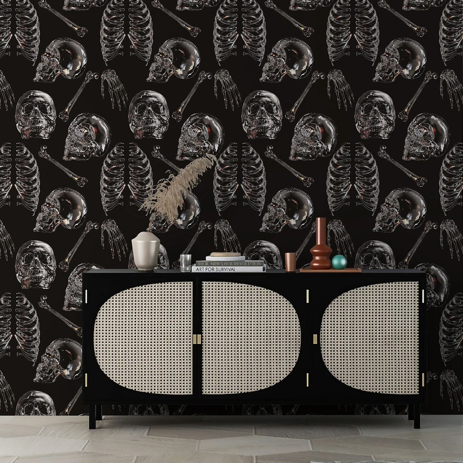 Dark Colored Glass Skull Wallpaper Chic Black Transparent Skeleton Wall Contact Paper Halloween Festival Self Adhesive Wallpaper