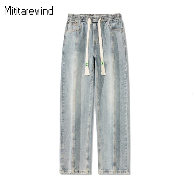 

Classic Washed and Distressed Jeans Men High Street Causal Baggy Jeans Cotton Straight Drawstring Elastic Waist Denim Pants New