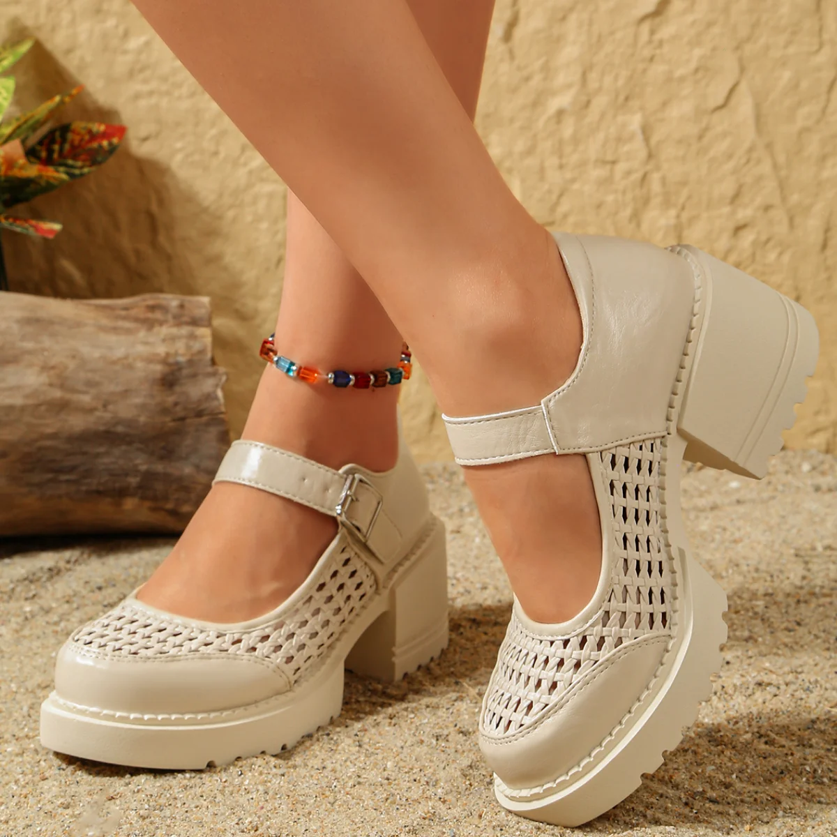 

Women's Mesh Ankle Buckle Mary Jane Sandals Summer Black Patent Leather Thick High Heels Roman Sandals Woman Soft Platform Pumps
