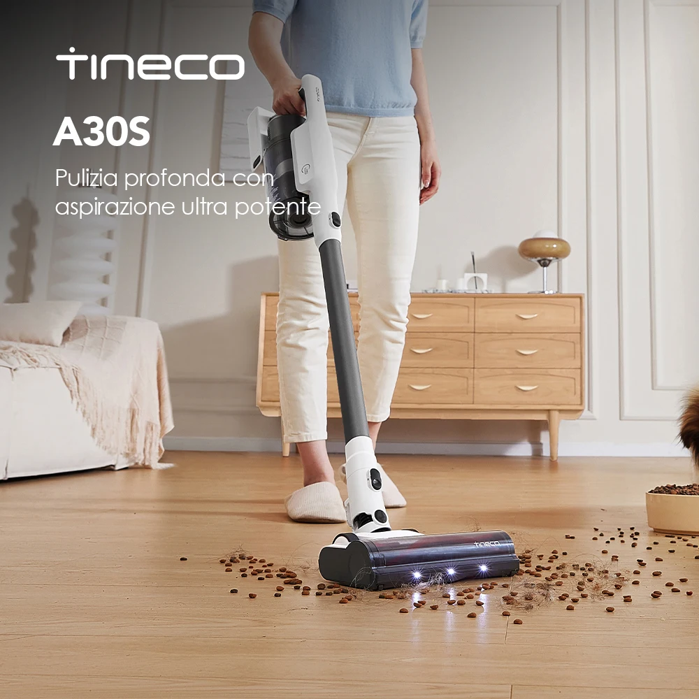 Tineco A30S, Aspirapolvere senza fili, Aspirazione da 160W, Autonomia di 60 minuti, Serbatoio Polvere da 1L, Spazzola ZeroTangle, Tecnologia PureCyclone, Luce LED