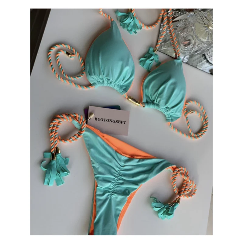 Kobiety Seksowne Bikini Stringi Bandaż Strój Kąpielowy Push Up Bikini Zestaw Różowy Halter Strój Kąpielowy Damski Letni Strój Plażowy 2-częściowy Strój Kąpielowy