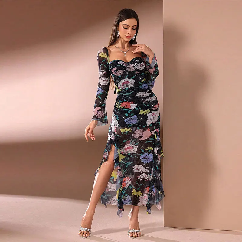 

Sexy temperament elastic mesh dress, long-sleeved halter split party evening dress, high-end temperament classic luxury women's