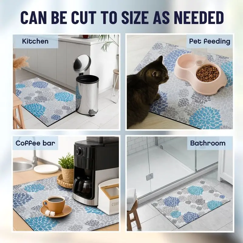 VIKAMA Slate Blue Dahlia Washing Machine Top Mat Light Gray Chrysanthemum Petal Repeat Water Resistant Non Slip Kitchen Balcony