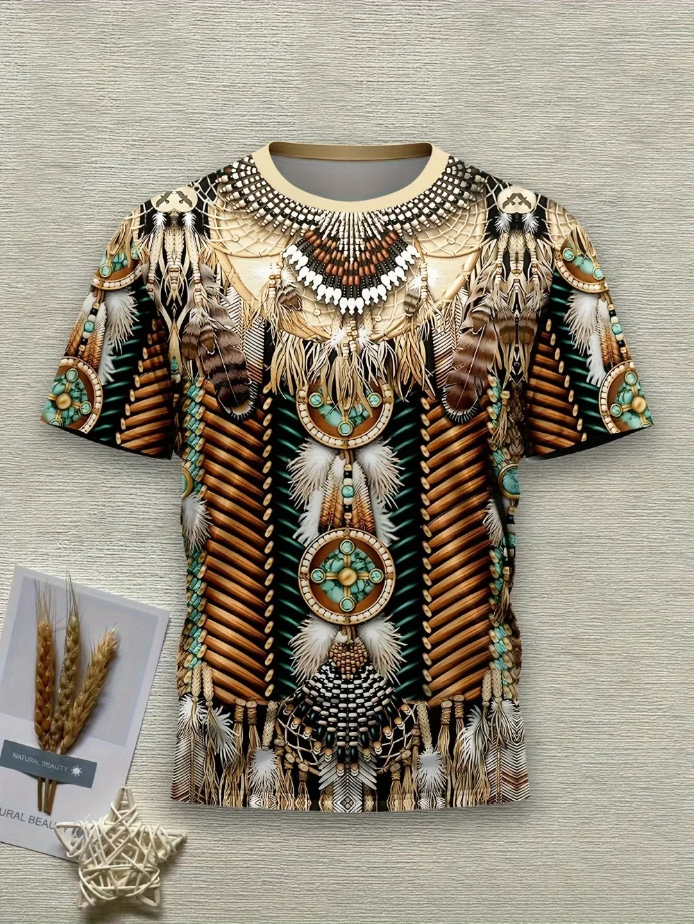 Retro Tribe Feather Bead Pattern Bohemian Style Men's 3D Printed T-shirt Street Casual Trendy Hip-hop Round-neck Large-sized Top
