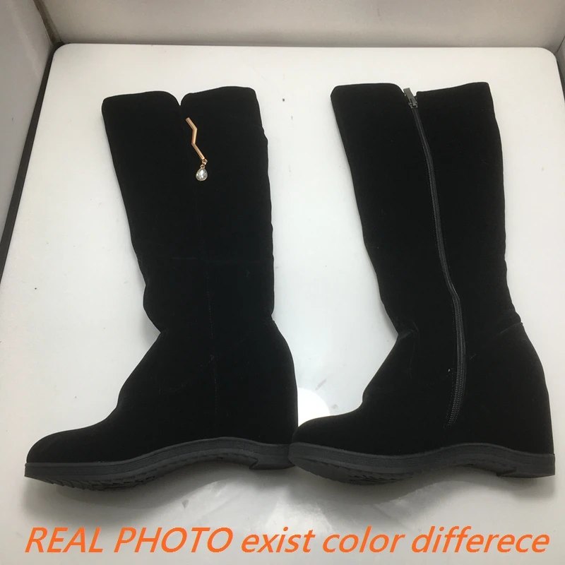 Girseaby Knee High Boots Round Toe Wedge Heel Flock Zipper Hidden Heel Shoes Size 44 Black Winter Casual Boots F1297