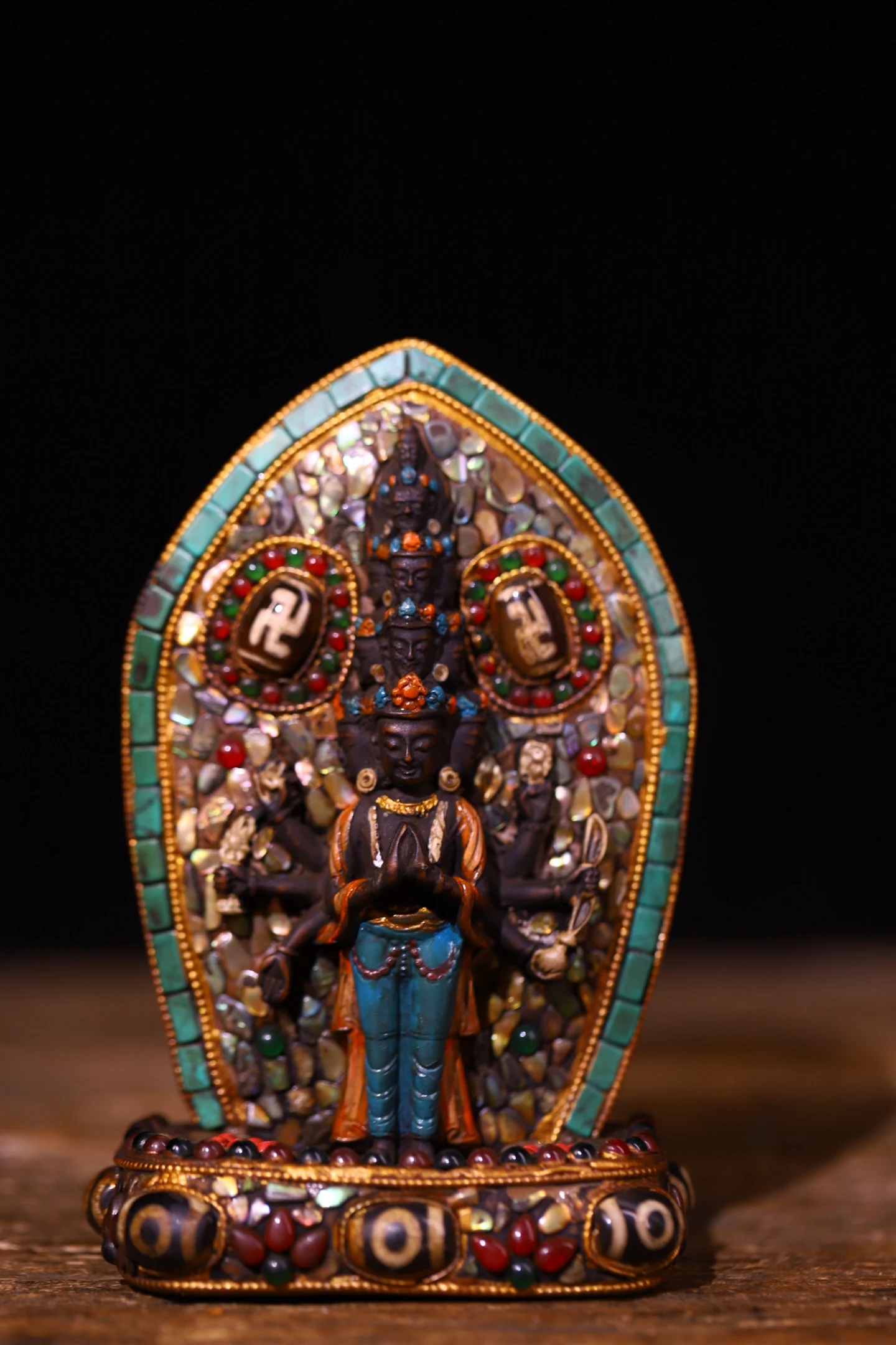 Old Yak bone Painted Mosaic Gem gZi Beads Turquoise shell Thousand-Hand Guanyin 1000 arm Guanyin Standing Buddha backlight