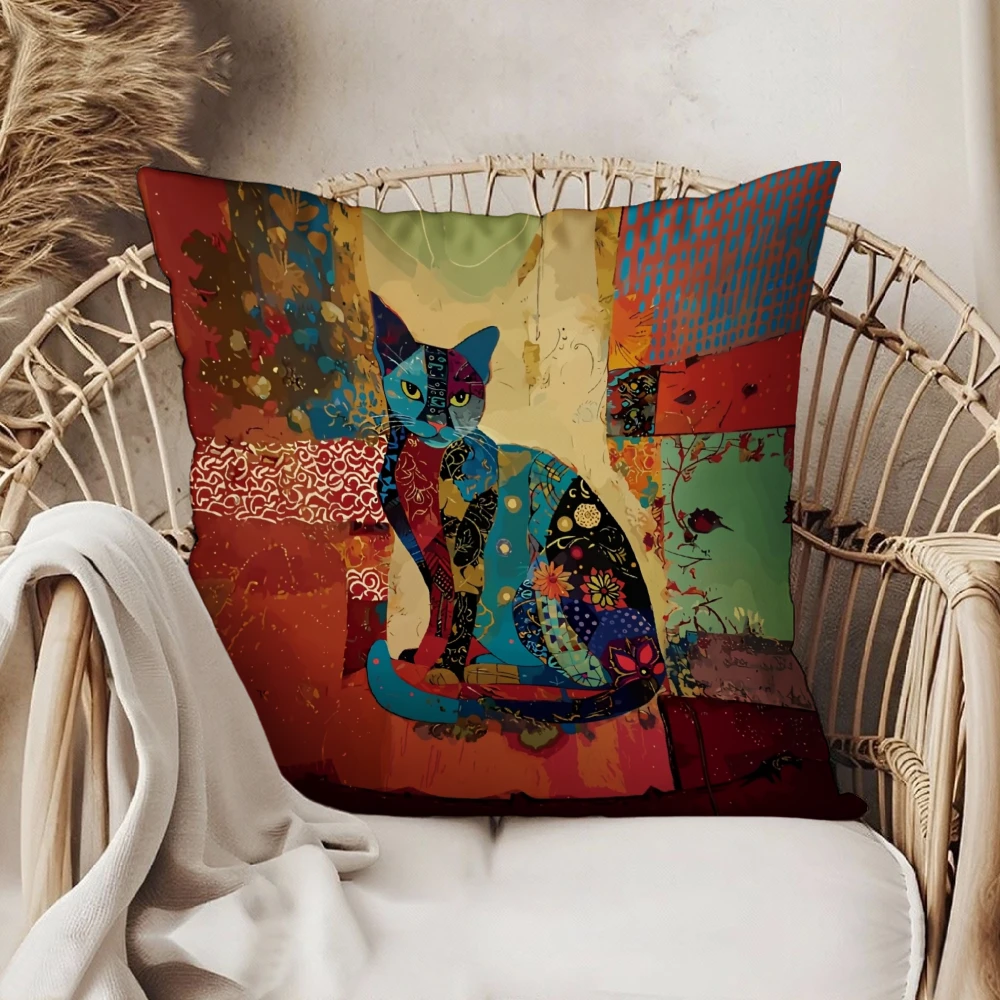 Квадратная наволочка с абстрактным принтом кошки, разноцветный лоскутный дизайн для гостиной, дивана, спальни, домашнего декора, чехол для подушки