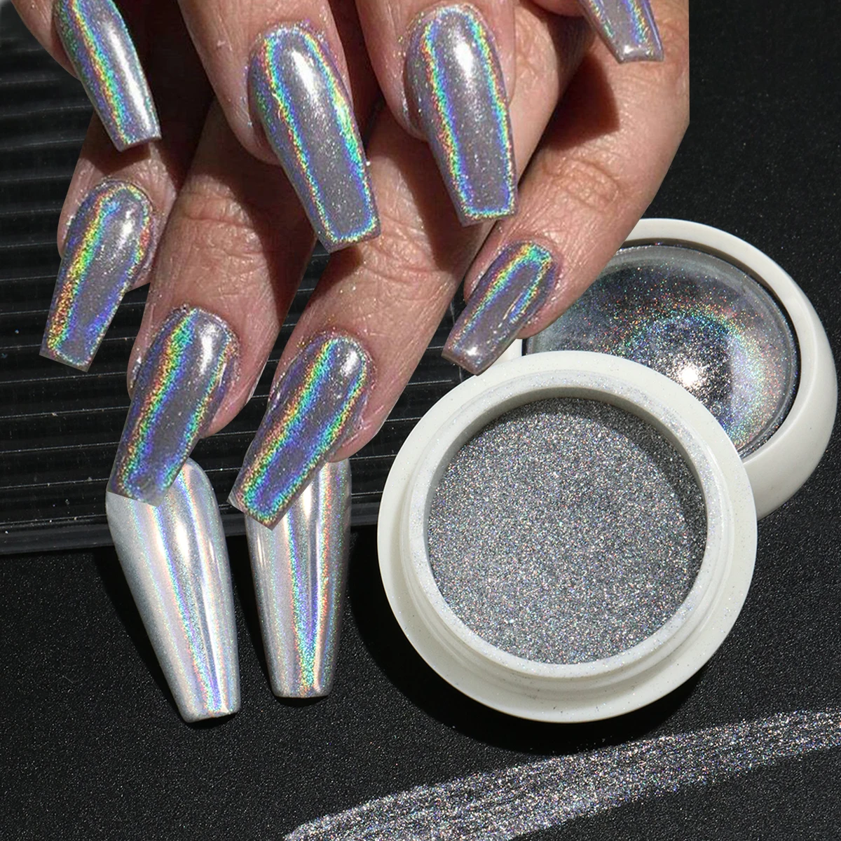 1 صندوق مسحوق أظافر ثلاثي الأبعاد كروم ليزر فضي مرآة سحرية مسمار بريق معدني تأثيرات لامعة فرك رقائق الغبار #5