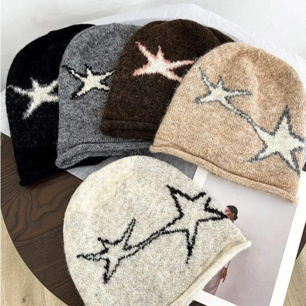Y2K Style Star Patterned Beanie Cap Elastic Edge Curl Knitted Hat Ear Protection Soft Brimless Slouchy Hat