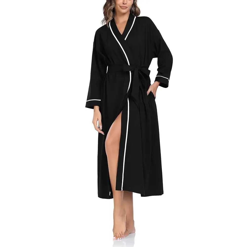 

Женские халаты из 100% хлопка: легкий длинный халат-кимоно для женщин, мягкая домашняя одежда с карманами