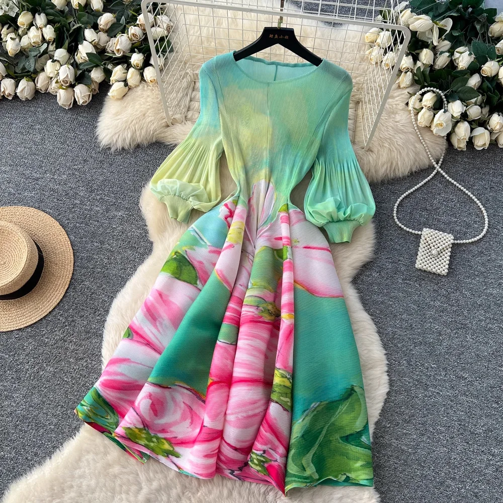 Miyake Pleated Print Dresses 2026 Summer New Round Neck Lantern Sleeve A-Line Flower Bud Dress Elegant Stretch Women's Clothing