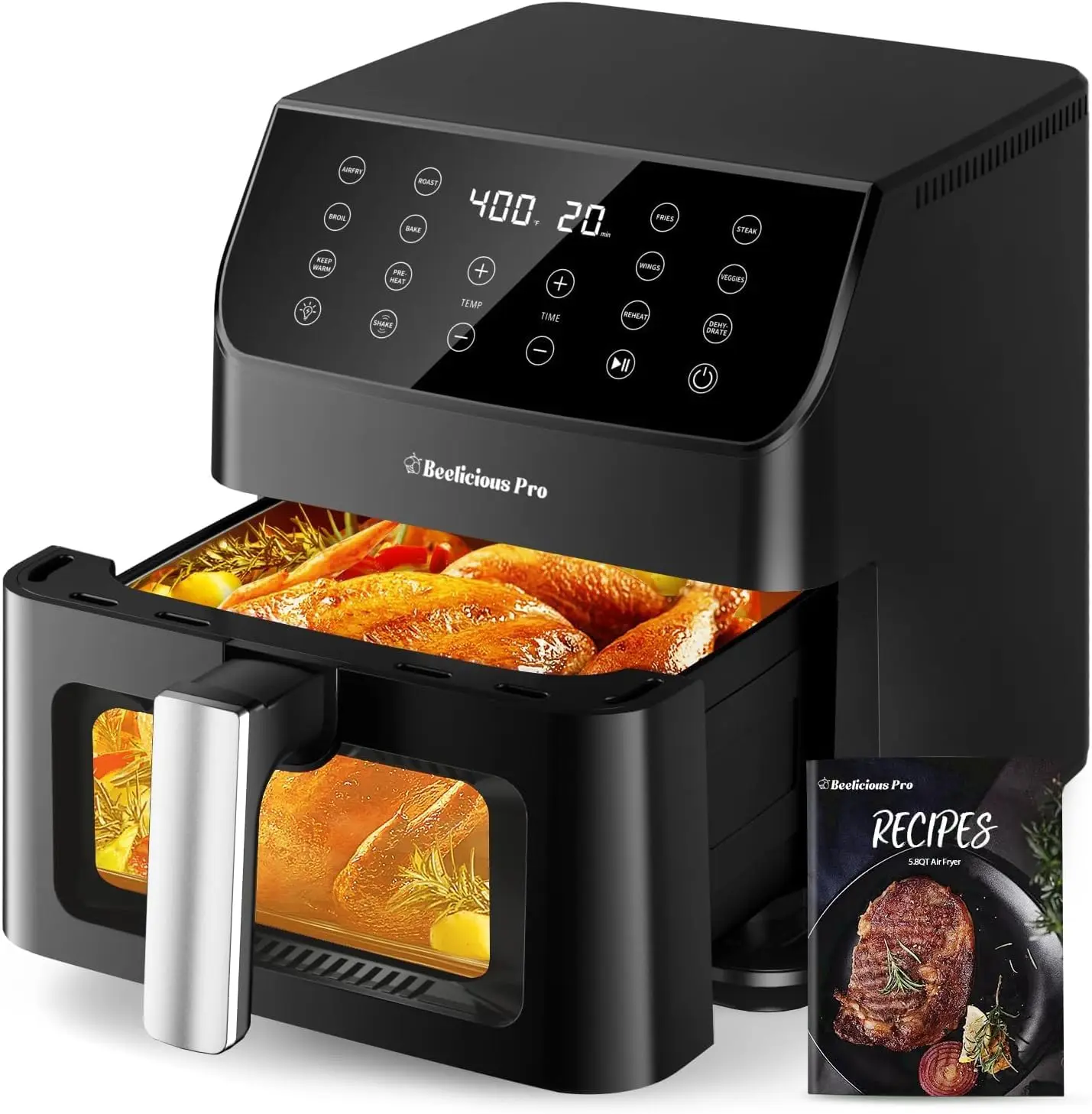 Large 12-in-1 Digital Air Fryer with Window, 5.8Qt, Nonstick, Dishwasher Safe, Flavor-Lock Technology, Shake Reminder, 40+ Recip