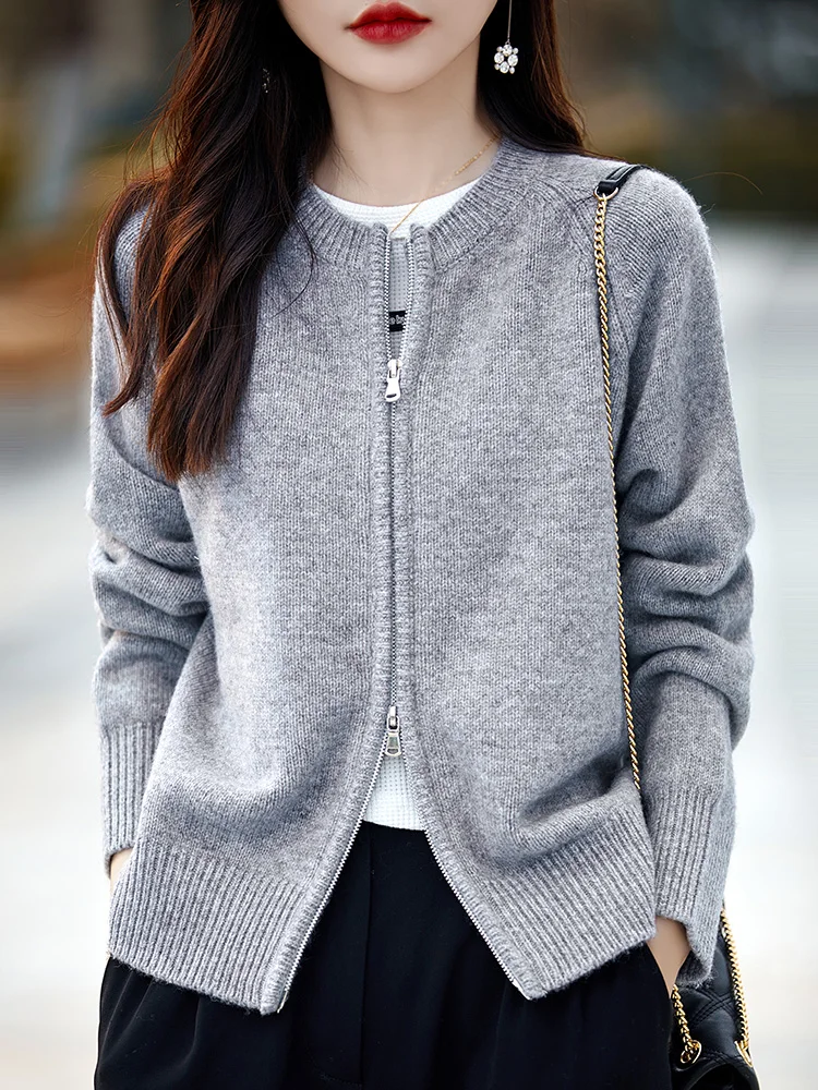 

Elegant Fashion 100% Merino Cashmere Wool O-Neck Pullover Women Elastic And Warm Cardigan Sweater Zippered Basic Clothing