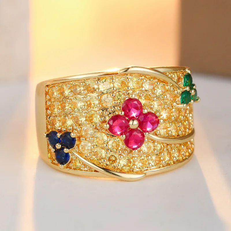 Exquisite Colorful Wide Edge Ring Inlay Brilliant Red Cubic Zircon Floral Pattern Ring Women's Romantic Fresh Style Jewelry