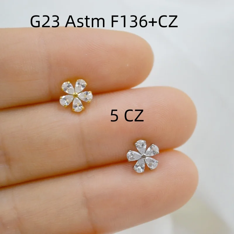 

10pcs G23 Titanium Astm F136 Flower 5 CZ Lip Labret Ring Bar Ear Cartilage Helix Rook Tragus Studs 16G Body Piercing Jewelry