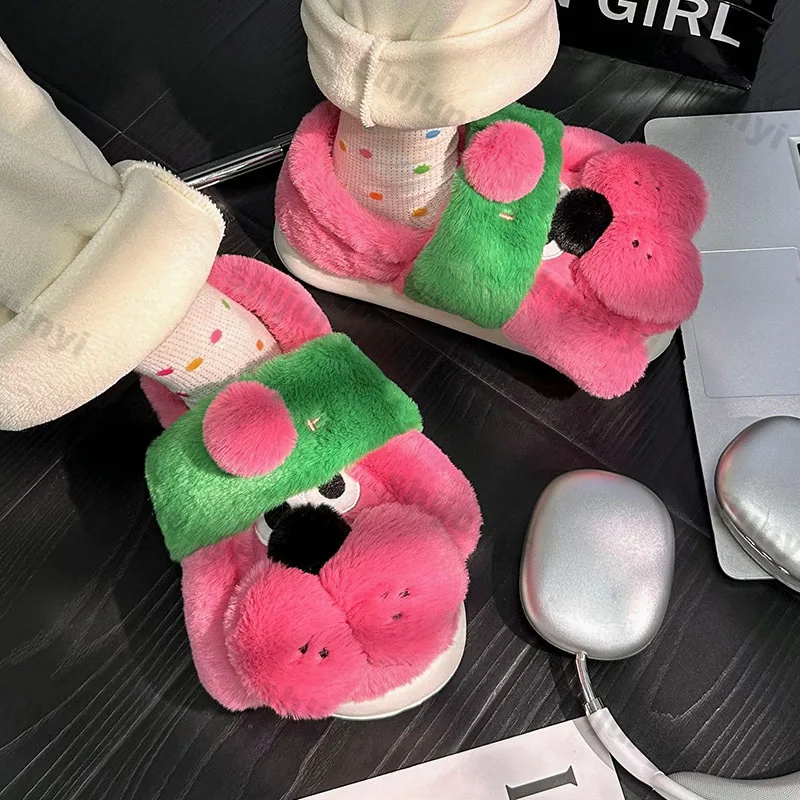 

Женские домашние хлопковые тапочки с мультяшным принтом, зимние модные плюшевые мягкие домашние тапочки на толстой подошве, женские нескользящие теплые хлопковые тапочки