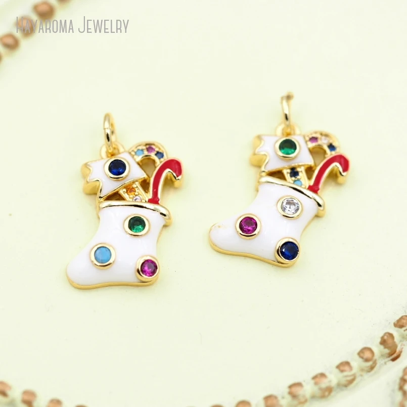 10Pcs Wholesale Enamel Gold Color Copper Metal Cubic Zirconia Jewelry Invisible Setting Christmas Stocking Charms PM53237